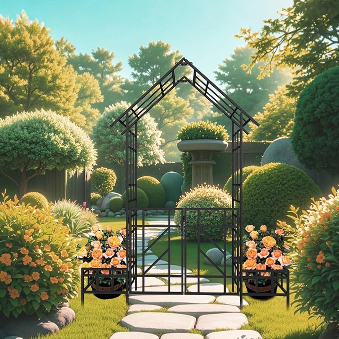 Metal Garden Arch Trellis for Climbing Plants Adjustable Width Outdoor Rose Arbor with Flat Top Ceremony Decoration Archway with Planter for Wedding Events Lawn Patio Decor