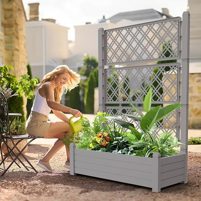 Vertical Garden Planter with Trellis for Climbing Plants Outdoor Raised Bed with Drainage &amp Water Gauge Weatherproof Resin for Patio Balcony Yard Dust-Resistant (Grey 43.43*18.27*59.29)
