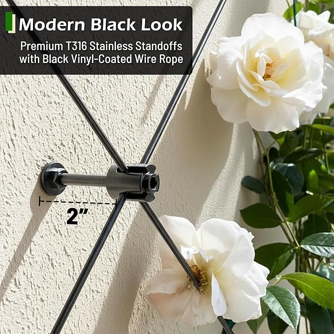 30-Set Black 1/8 Wire Trellis for Climbing Plants Outdoor with 150ft Vinyl Coated Cable T316 Stainless Steel Wall Wire Trellis Kit