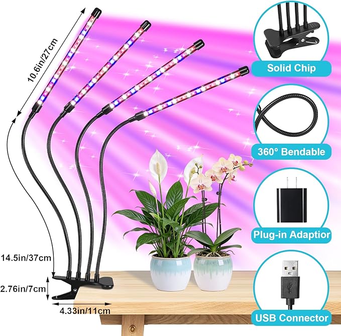 Indoor Plant Grow Light Full Spectrum Clip Plant Lamp 40 LED Beads with Red Blue White Light Plant Growing Light with Gooseneck 4/8/12/18H Timer 10 Brightness Levels 3 Lighting Modes 4 Head