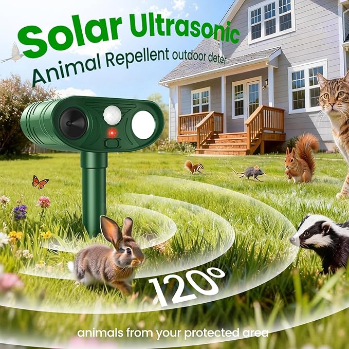 2026 Upgraded Solar Ultrasonic Animal Repellent Outdoor Deer Cat Repellent with Motion Sensor Flash LightIP65 Waterproof Repeller Keep Rodent Squirrel Raccoon Opossum Skunk Out of Yard Farm (2)
