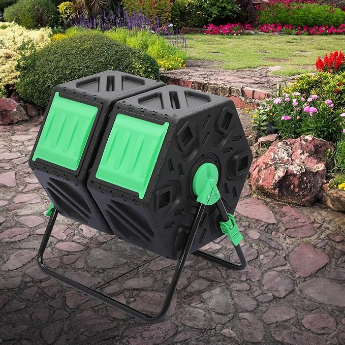 MoNiBloom 34 Gallon Compost Bins Outdoor Dual Chamber Composter Tumbler All-Season Fast Working Tumbling Composter High Volume Composter with 2 Sliding Doors