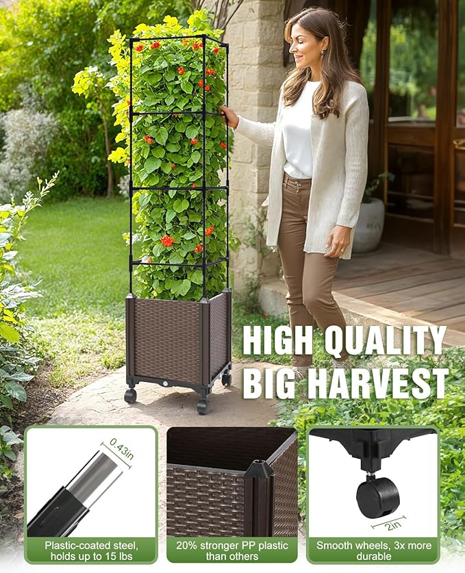Jayhalo 71inch Planter Boxes Outdoor 3-in-1 Planter Box with Trellis with Wheels for Growing Vegetables 6 Layer Tomato Cage with Tomato Planters Self Watering for Indoor Outdoor Use
