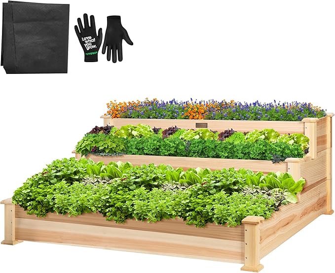 VIVOSUN 3-Tier Wooden Raised Garden Bed 48 x 48 x 21 Inches Outdoor Wood Planter Kit for Plants Herbs and Vegetables for Garden Patio Balcony Backyard and Outdoors