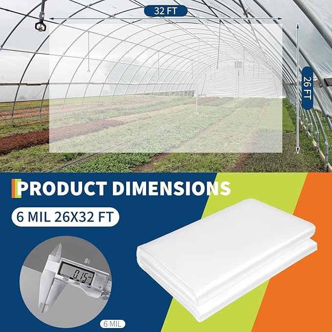 26X32FT Greenhouse Plastic Sheeting 6 Mil Thickness Transparent Greenhouse Film Waterproof Plastic Covering for Winter UV Resistant Clear Polyethylene Film for Farms Agriculture Garden