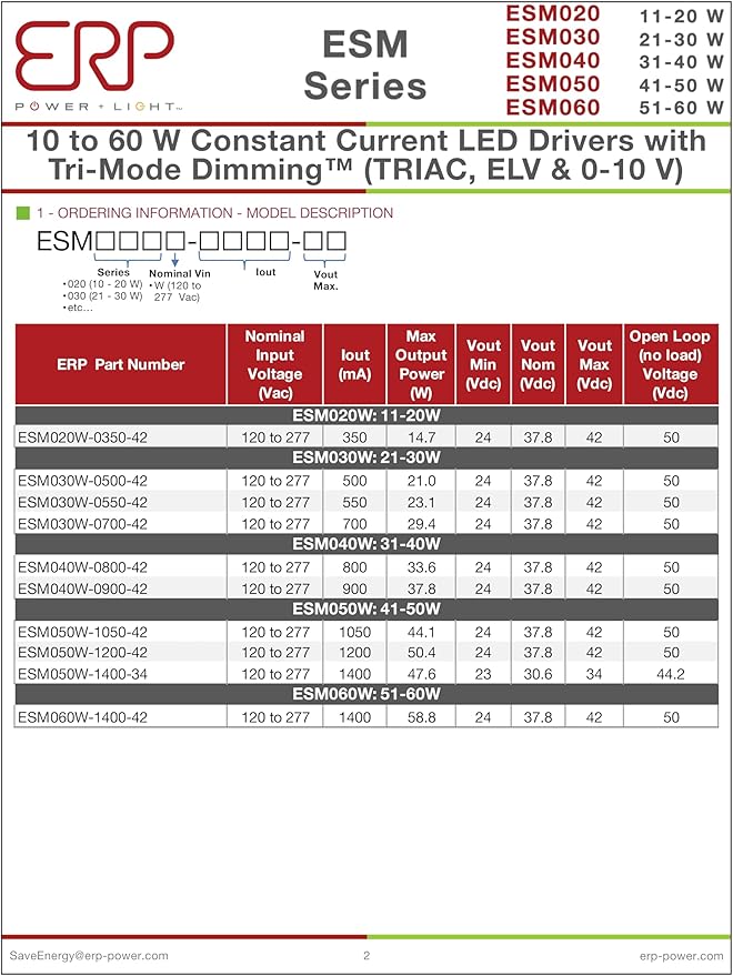ERP ESM050W-1050-42 Constant Current LED Driver - 50W 1050mA | Universal 120-277V Input | Bottom Exit Leads with Studs