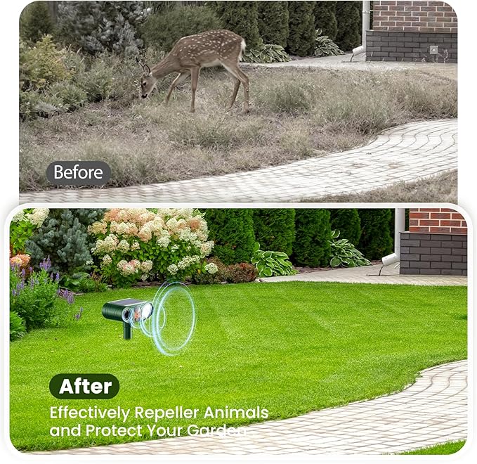 2026 Upgraded Ultrasonic Solar Animal Repellent Outdoor Deer Repellent Devices Squirrel Cat Raccoon Rabbit Dog Deterrent with Motion Sensor Flash Light for Yard Garden Lawn-4 Pack