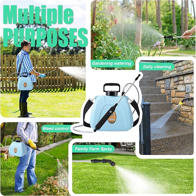Battery Powered Sprayer 2 Gallon Electric Garden Sprayer with 3 Copper Nozzles 4 Spray Modes Type-C Rechargeable 30-60cm Retractable Wand Shoulder Strap for Lawn &amp Garden