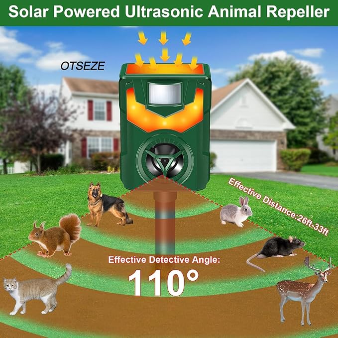 Ultrasonic Animal RepellersSolar Cat Repellent Outdoor with Flaming Eye AlarmWaterproof Raccoon Repellent with Motion Detection for Farm Yard Garden Repelling Dog Rabbit SkunkSquirrel