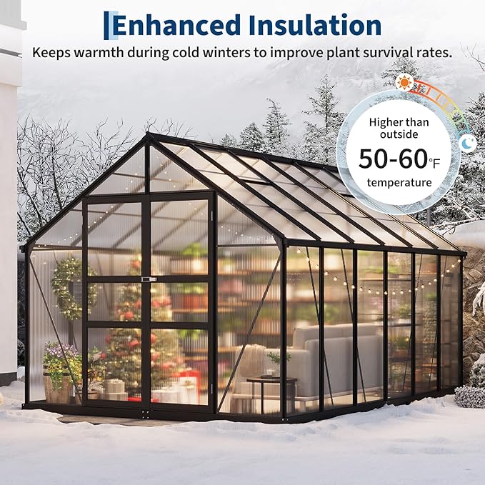 8x12 FT Polycarbonate GreenhouseLarge Walk-in SturdyOutdoor Aluminum Frame Greenhouse with Roof Vent Lockable Push Doorfor Garden Backyard Patio &amp Lawn(Black)