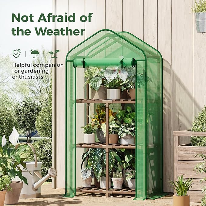 Bamworld 22 Lx16 Wx66 H Mini Greenhouse for Indoor Outdoor Small Green Houses with 3-Tier Plant Shelves Portable with Green PE Cover for Garden and Backyards Ideal Gardening Gifts for Lovers