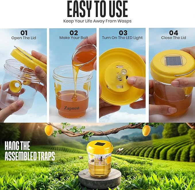4 Pack Zapnest Solar Wasp Trap Outdoor Hanging Reusable Yellow Jacket Hornet Bee &amp Mud Dauber Catcher Bright Yellow Bug Repellent for Garden Patio &amp Yard