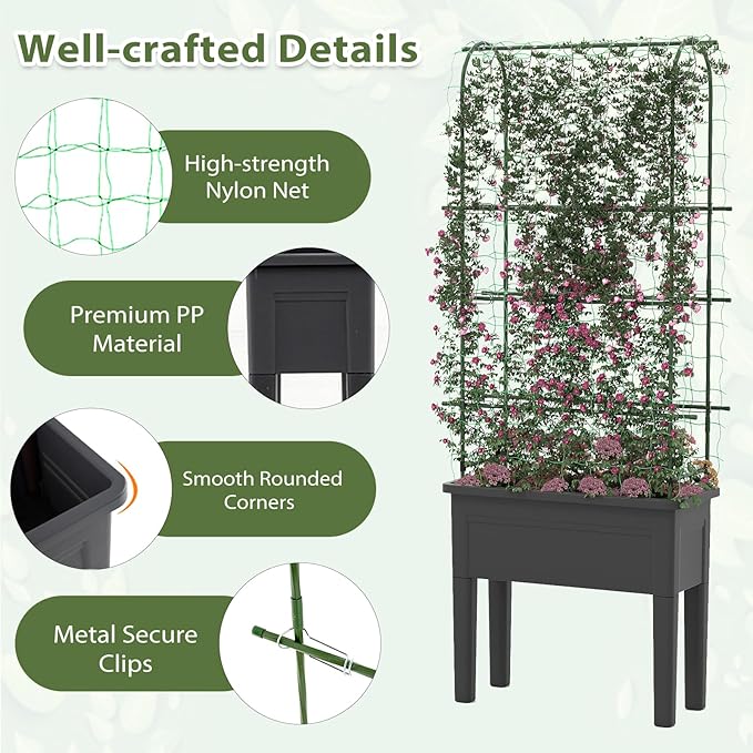 HAPPYGRILL 4-in-1 Raised Garden Bed with Climbing Trellis Self-Watering Elevated Planter with Water Level Indicator Drainage Hole Outdoor Plastic Planter Box with 4 Detachable Legs for Garden Lawn