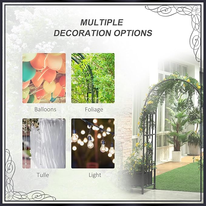6.7' Steel Garden Arch with Scrollwork Hearts Planter Boxes for Climbing Vines Ceremony Weddings Party Backyard Lawn Dark Gray YG741