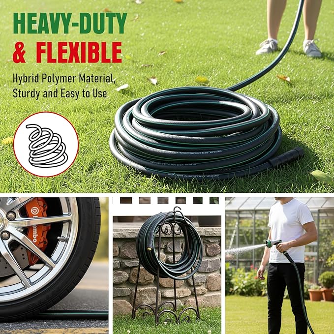 Heavy Duty Garden Hose 50 ft NON-EXPANDABLE Water Hose with 10 Function Spray Nozzle Lightweight Kink-less Hybrid Hose with Swivel Handle Male to Female Fittings