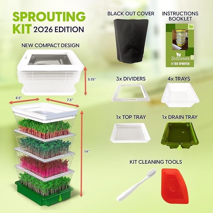 2026 Upgraded 4-Tier Stackable Seed Sprouter with Air Holes &amp Easy Sink-Draining Spout Tray – Soil-Free Sprouting System for Broccoli Alfalfa &amp Bean Sprouts.