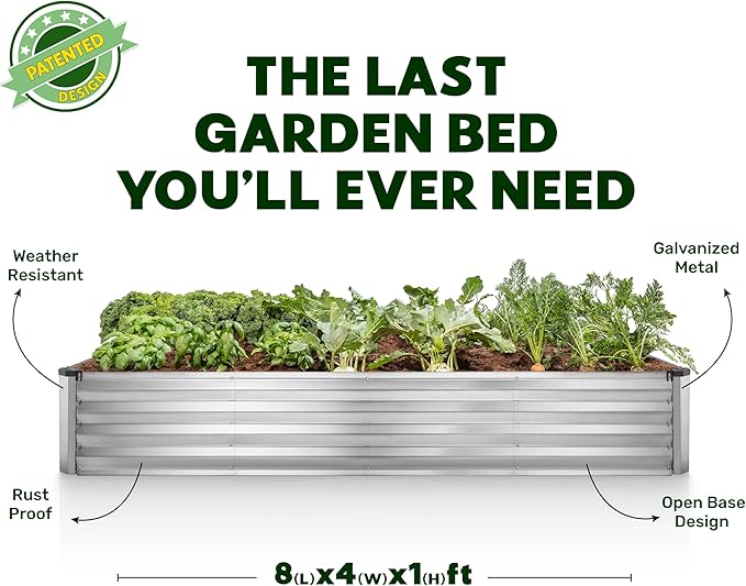 Plant &amp Plot Galvanized Raised Garden Beds Outdoor // 8×4×1 ft Planter Raised Beds for Gardening Vegetables Flowers (Silver) // Large Metal Garden Box // Patented Tool-Free Design