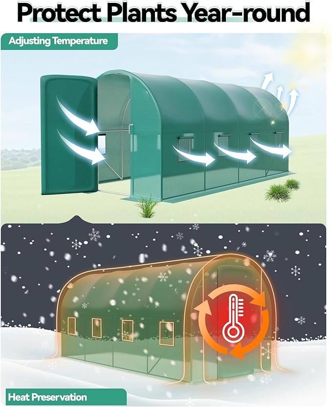 Walk-in Tunnel Greenhouse 6.5 x 15 x 6.5 FT Large Outdoor Greenhouse with Door &amp Vent Windows Heavy-Duty Frame and Green PE Cover for Backyard Gardening