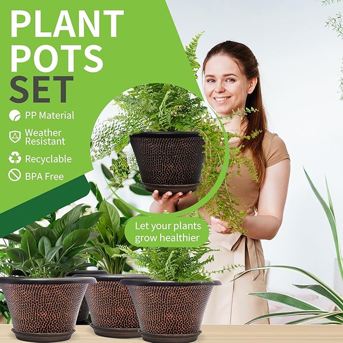 Quarut 12 Inch Pots for Plants4 Pack Large Flower Pots with Drainage Hole &amp SaucerModern Planters for Indoor Outdoor PlantsDecorative Resin Garden Pots Brown