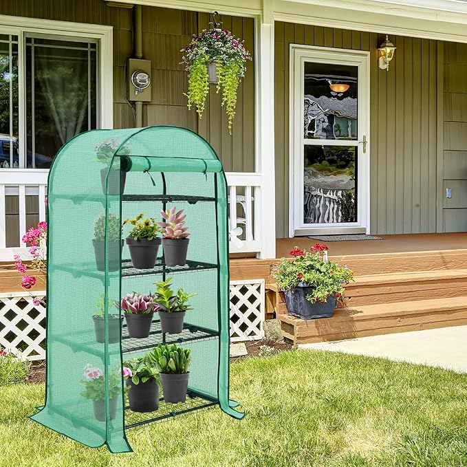 EAGLE PEAK 4-Tier Mini Greenhouse Portable Green House with Shelves &amp Weather-Resistant PE Cover Small Greenhouse for Seedlings &amp Gardening Gifts 32x18x63 in Clear/Green
