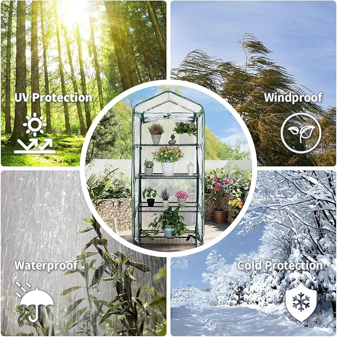 Mini Greenhouse for Indoor Outdoor Small Plants Green House with 4 Tier Shelves Portable Plastic Greenhouses with Transparent PVC Cover for Garden Backyard Patio Balcony Porch