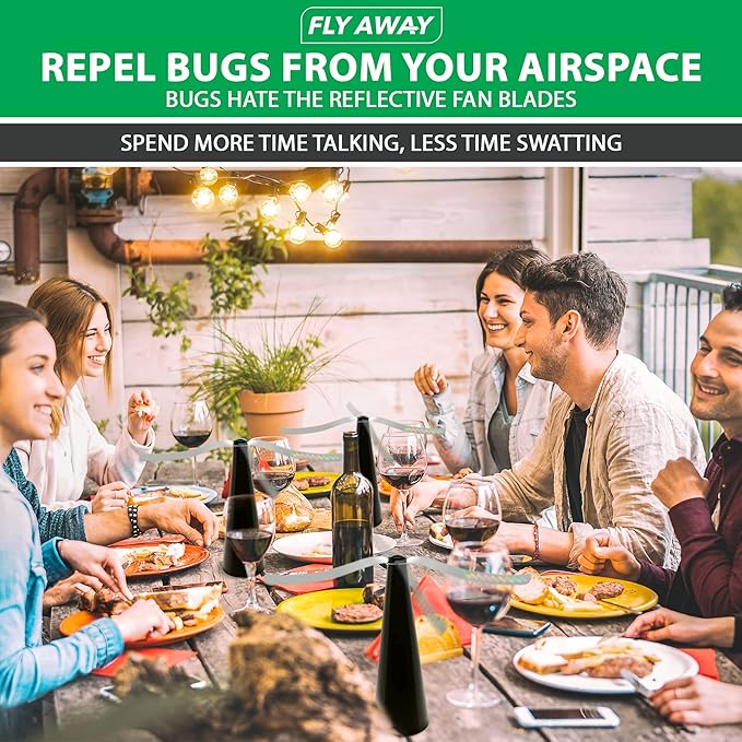 Fly Away - 3 Pack Outdoor Fly Repellent Fan Outside or Inside Table use Restaurant Barbeque Events Deter Flies Wasps Bees Other Moscas and Bugs Away Battery Operated Tabletop Hanging Hook.