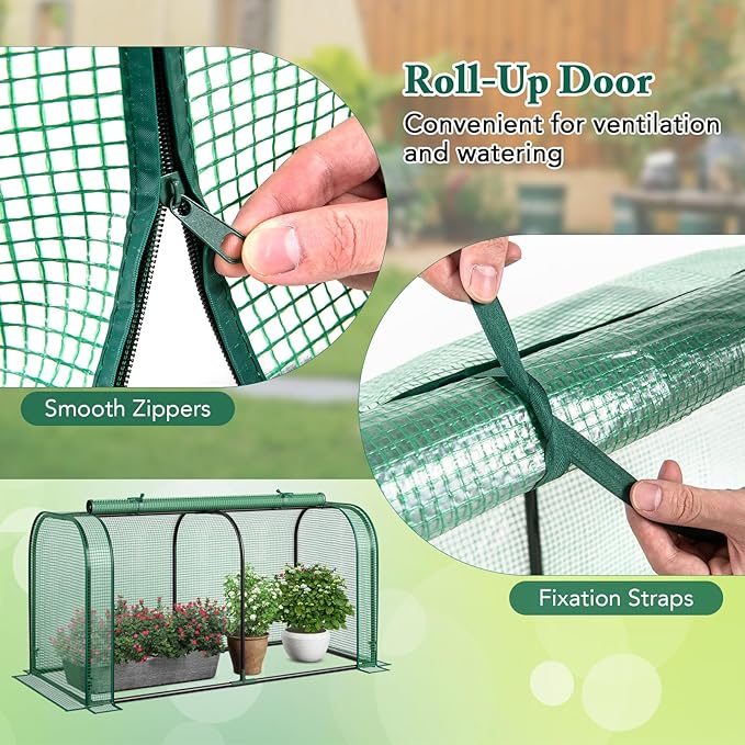 Raised Garden Bed with Greenhouse Waterproof Sun-Protective Green House with Roll-Up Door &amp Electroplated Metal Frame Pine Wood Elevated Planter Box with Drainage Holes (Green+Gray)