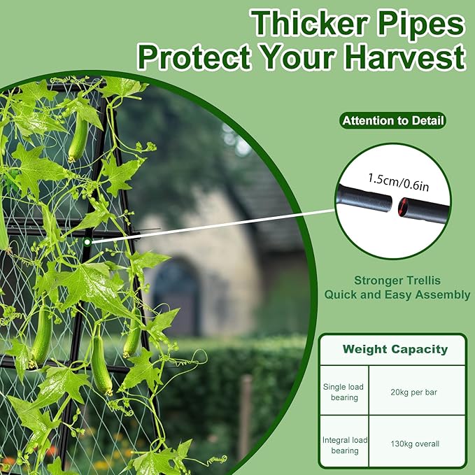 unho Garden Trellis for Climbing Plants with Tough Nylon Netting 6ft Tall Sturdy Rustproof Metal Plant Support Tower for Vegetable Fruit Vine Cucumber Garden LightweightOutdoor