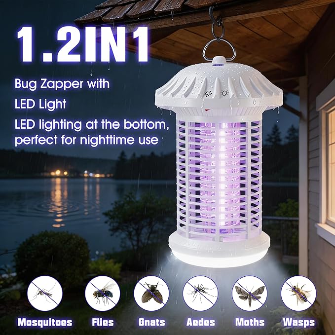 Bug Zapper Indoor &amp Outdoor Water Proof Mosquito Zapper with LED Light 4200V Electric Bug Zapper for Home Patio Office Courtyard（White）