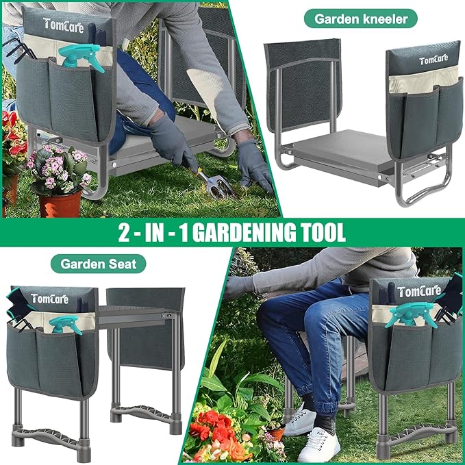 TomCare Garden Kneeler and Seat 10.64” Wider Larger Soft Kneeling Pad Garden Bench with 2 Large Tool Pouches Heavy Duty Garden Stool Foldable Tools Gardening Gifts for Women Men GardenersGrey