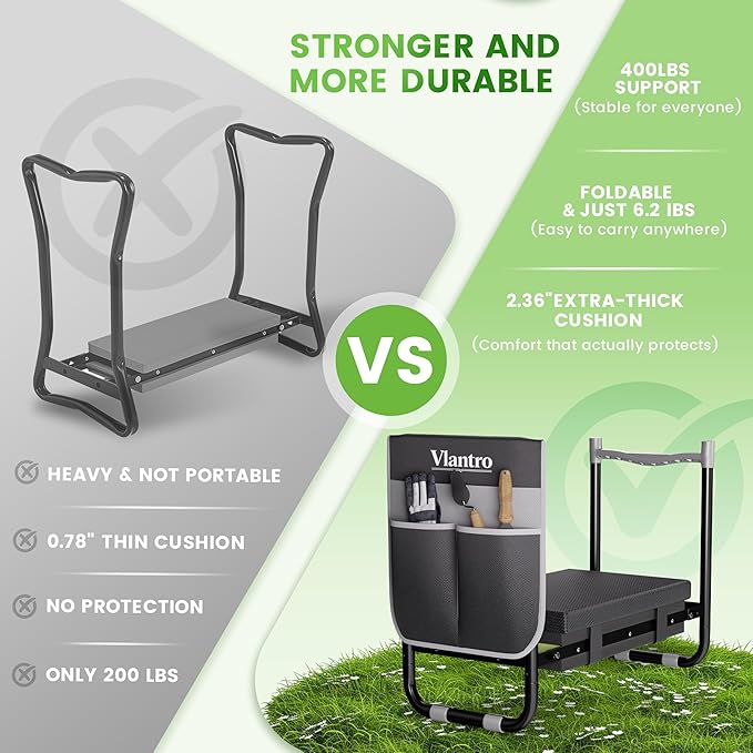2-in-1 Garden Kneeler &amp Seat – Heavy Duty Foldable Gardening Bench 400 lbs Capacity Thick Removable Kneeling Pad Waterproof Oxford Cushion Portable Tool Pouch for Seniors Women Mom