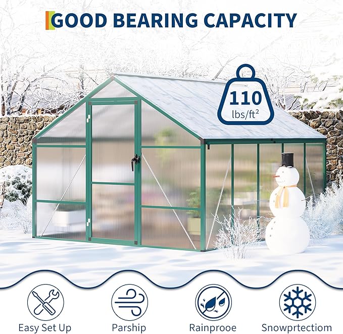 8X10FT Outdoor Greenhouse Aluminum Polycarbonate House Green Houses for Outside with Sliding Doors Ajustable Roof Vent Withstands Bad Weather for Garden or Backyard Green