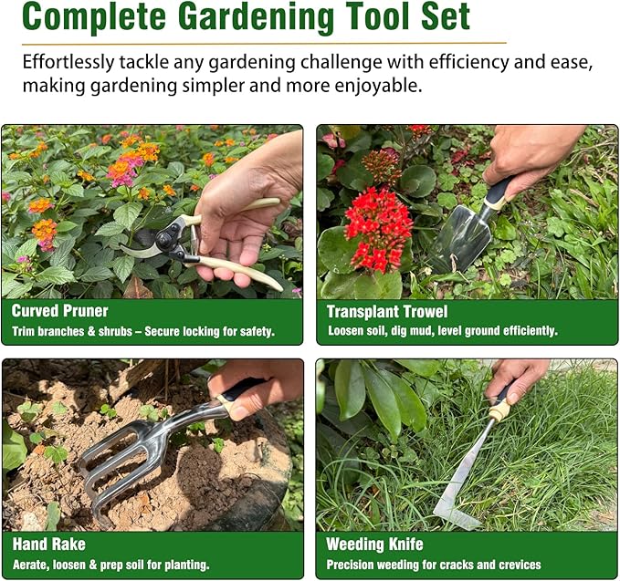 Garden Tool Set 9-Piece Heavy-Duty Gardening Tool Set with Stylish Tool Bag Multiple Storage Pockets Durable Garden and Weeding Tools for Men and Women for Gardening Enthusiasts