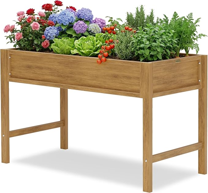 YEFU Raised Garden Bed for Outdoor: 48x30x24in Teak Raised Garden Bed with Legs to Plant Herbs Vegetables Flowers - Easy to Assembly Elevated Planter Box for Organic Home Gardening in Patio/Backyard
