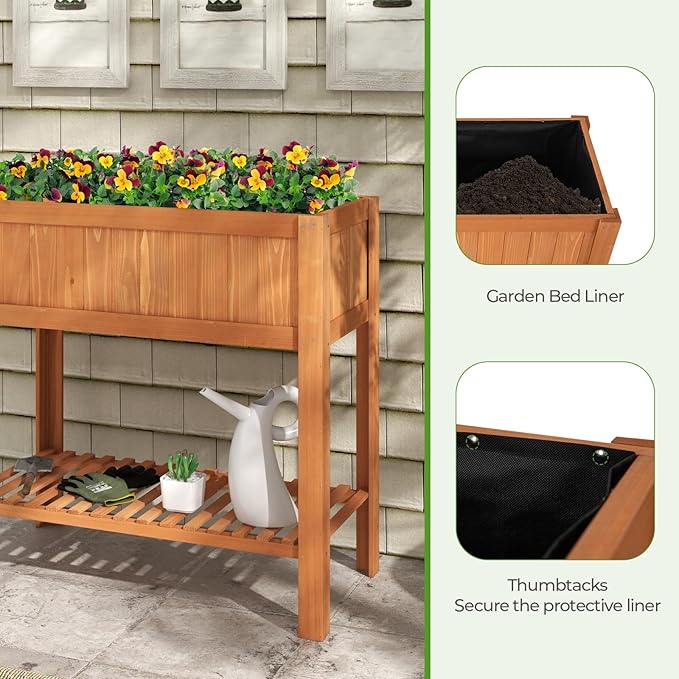 COSTWAY 2-Tier Raised Garden Bed Fir Wood Planter Box with Storage Shelf for Vegetables Herbs &amp Flowers – 39 x 20 x 39 for Backyard Patio &amp Balcony
