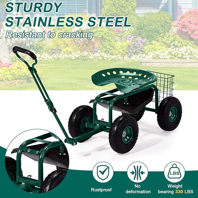 4-Wheel Rolling Garden Cart Work Seat with Tool Tray Heavy Duty Planting Cart Tools on Wheels Adjustable Steering Handle &amp Utility Tool TrayGardening Work-Seatfor Patio Yard and Outdoors Gr