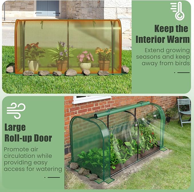 Giantex Raised Garden Bed with Cover Wood Elevated Planter Box with Legs &amp Mini Greenhouse Waterproof Sun-Protective PE Green House Cover Outdoor Use for Fruit Vegetable Flower Herb (Green+Gray