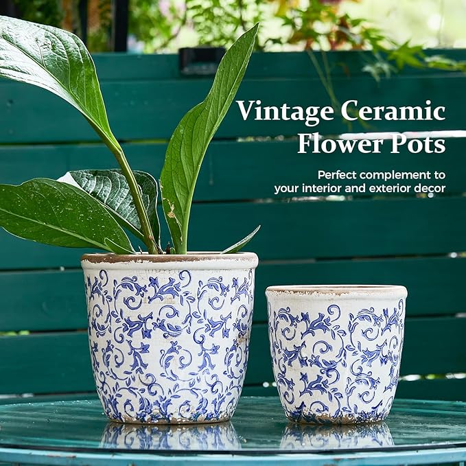 Vintage Ceramic Planter Without Drainage Hole 6.5 Inch - Indoor/Outdoor Flower Pot for Orchids Succulents Blue Floral Rustic Farmhouse Plant Pot for Home Office &amp Garden Décor Ideal Gift
