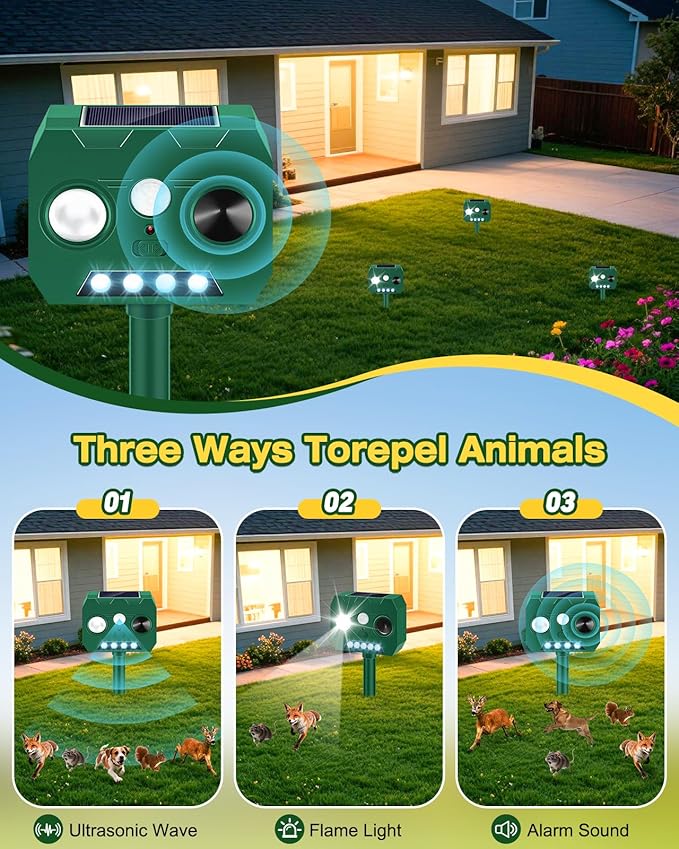 Solar Ultrasonic Animal Repellent Outdoor 2 Pack Cat Repellent Outdoor Deer Repellent Devices with PIR Motion Sensor ＆ LED Flash Waterproof Squirrel Repeller Cat Raccoons Rabbits Deer Skunk