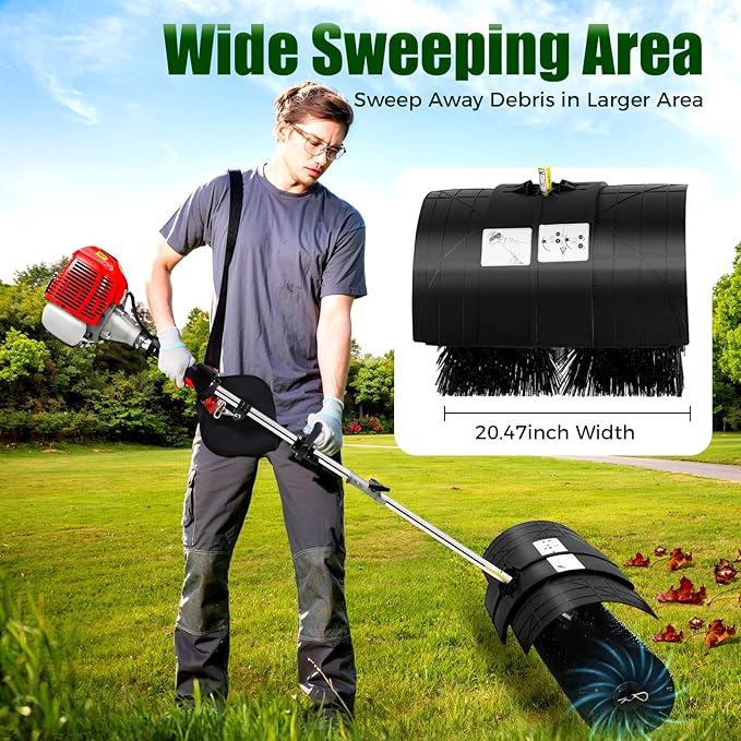 Gas Power Snow Sweeper Broom 2-Stroke 2.3hp 52cc Driveway Turf Lawns Artificial Grass Power Brush Lawn Sweeper Cleaner Tools with Nylon Brush Power Broom for Artificial Turf