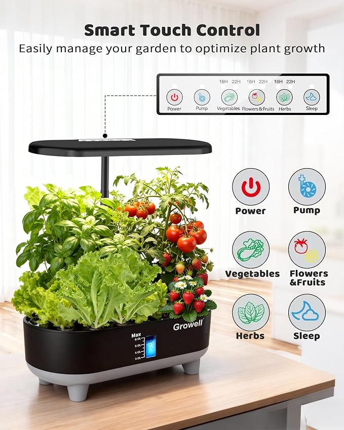 Hydroponics Growing System Kit 16 Pods Vertical 8L Indoor Gardening System for Herb Vegetable Fruit with LED Grow Light Smart Water Circulation 3 Light Modes &amp 2 Timer Black