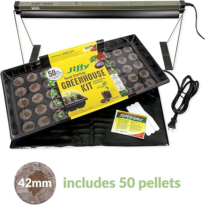 Ferry Morse Your Complete Indoor Seed Starting Kit Including Heat Mat T5 Grow Light Fixture with 50 Cell 42mm Greenhouse