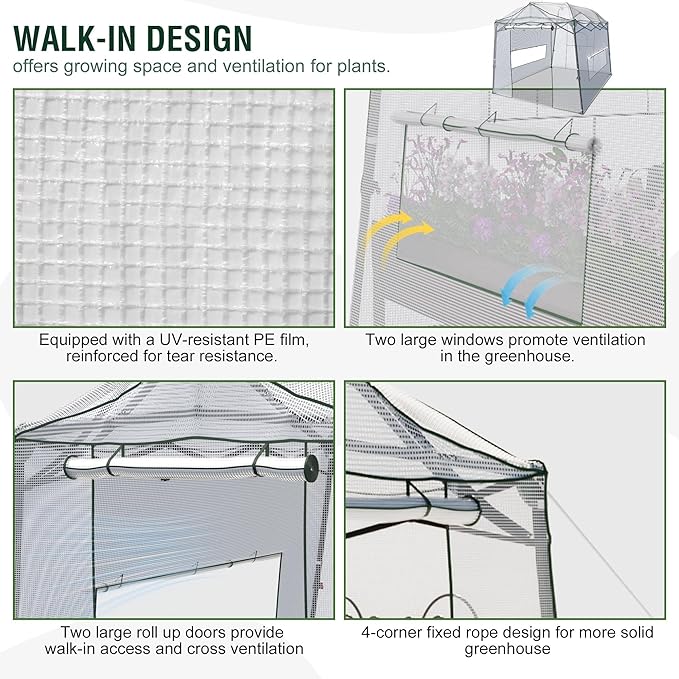 8.5 x 7 x 7 FT Walk-in Greenhouse Portable Pop-up Greenhouse for Indoor Outdoor Plant Garden Green House with Zippered Doors Screen Windows Heavy Duty Frame and Durable PE Cover