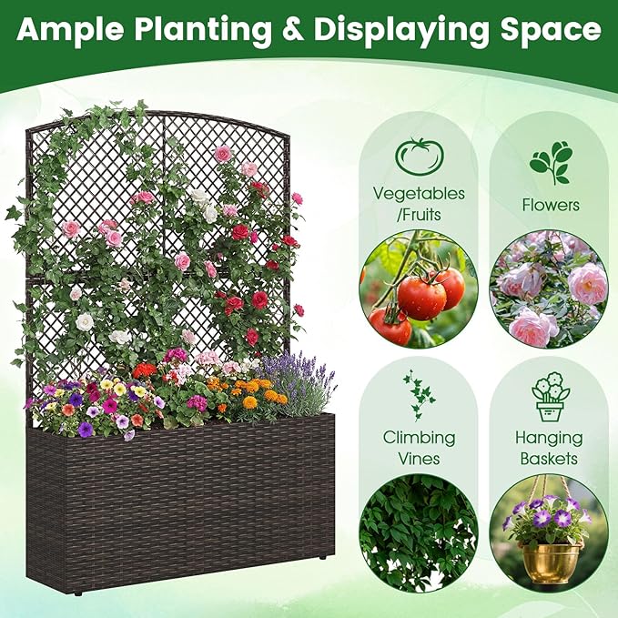 BECOMFORT 58”H Raised Garden Bed with Trellis Tall Wicker Planter Box with Privacy Screen Liner &amp Drainage for Balcony Yard PE Rattan Outdoor Flower Box for Climbing Plants Vegetables &amp Fl