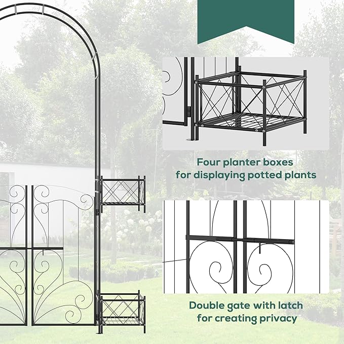 7' Garden Arch Arbor Metal Arch Trwith Gate Garden Archway for Climbing Vines Wedding Ceremony Decoration Black