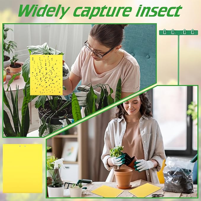 16 Set 7.8x9.8 Dual-Sided Yellow Sticky Traps with Stakes Large Glue Traps for Flying Plant Insect Such as Fungus Gnats Whiteflies Aphids Leafminers etc UV Resistant