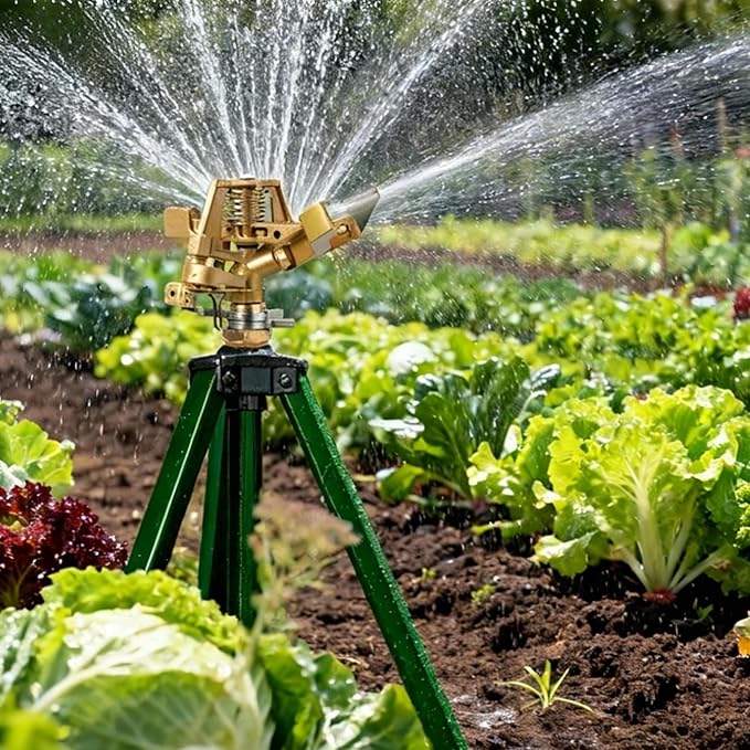 2 Pack Impact Sprinkler on Tripod Base 360° Adjustable Brass Sprinkler Head with Stakes Heavy Duty Metal Tripod Lawn Sprinkler for Large Area Lawn Yard &amp Garden Irrigation