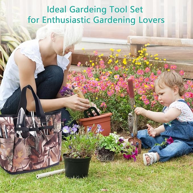 Garden Tool Set 7 Pcs Floral Gardening Set for Women Leaf Camouflage Gardening Kit with Garden Tool Bag Trowel Weeder Fork Hand Rake Pruning Shears Cultivator Transplanter