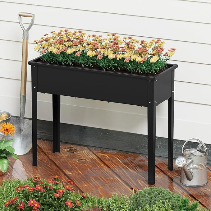 Giantex Metal Raised Garden Bed with Legs Elevated Planter Box with Drainage Holes for Vegetable Fruit Flower Herb Outdoor Standing Gardening Box for Balcony Backyard Patio Porch (40”x16”x32”)