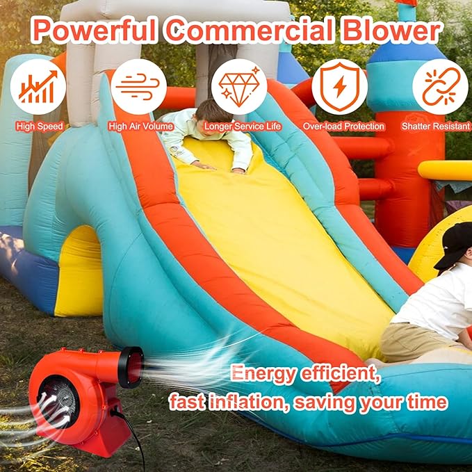 1500W 2HP High Power Bounce House Blower Portable Fan Pump Air Blower Commercial for Large Inflatables Bubble House Water Slides Castle Jump Slides Holiday Decorations